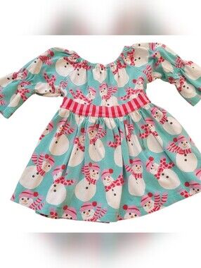Kelly’s Kids Girls Size 4/5 Christmas Snowman Top/Tunic Blue Pink Striped Tie
